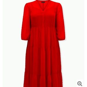 RED CHIFFON CLIP DOT SKATER TEA-LENGTH DRESS